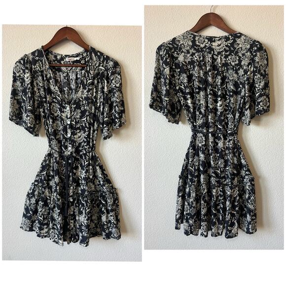 Faherty Tiered Mini Dress Sz S Boho Botanical Floral Tie Waist Button Front - Picture 2 of 11